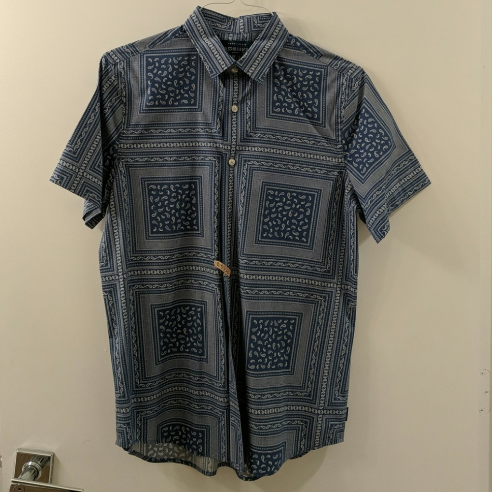 Blue short sleeve button down with design